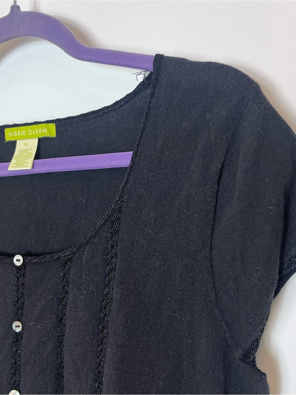 Sigrid Olsen Black Short Sleeve Blouse XL Cotton Cottagecore Goth Lagenlook - Picture 3 of 5